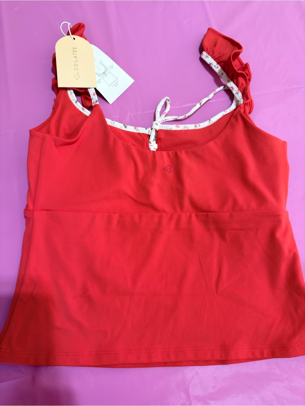 Blogilotes Red Women's Ruffle Lace Up Tank with Contrast Floral Straps Large